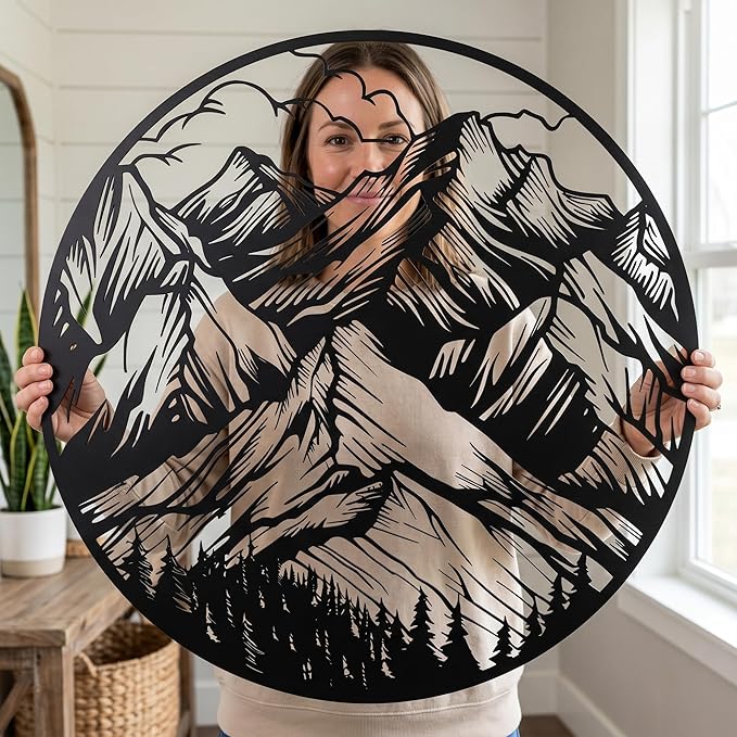 Metal Wall Decor | 27'' x 27'' x 0.05'' Mountains Themed Metal Wall Art | Handmade Indoor and Outdoor Wall Decorations
