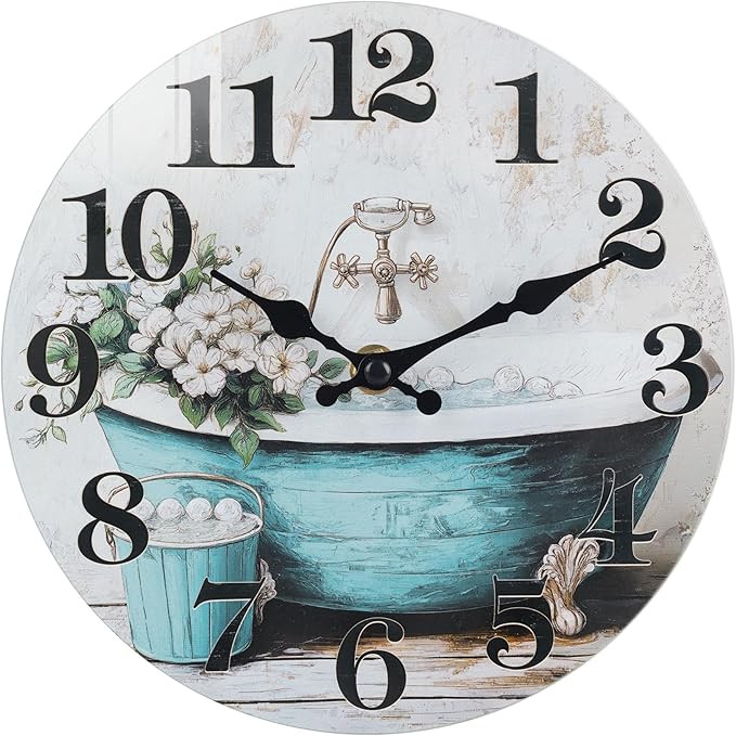 Bathroom Wall Clock, Rustic Style Waterproof Glass Shower Clock Wall Clock