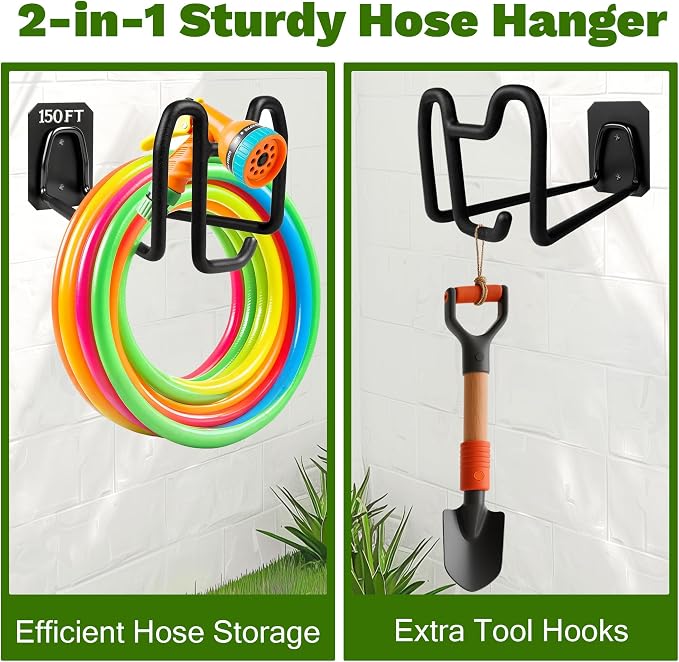 Garden Hose Holder Wall Mount Water Hose Holders for Outside | Metal Hose Hanger with Hook Heavy Duty Garden Hose Reel for Outside Yard Lawn Storage