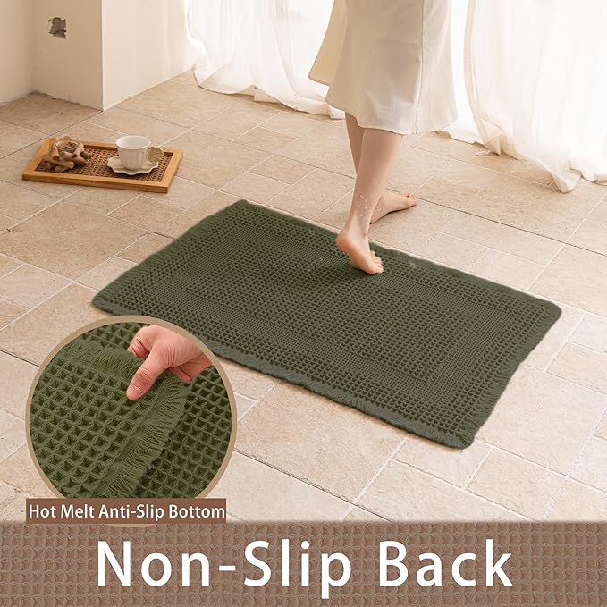 Waffle Runner Rug Non Slip, Boho Bath Mat, Super Absorbent Quick Dry Long Bath Runner Bathroom, Soft Farmhouse Bath Rug with Tassels, Washable Shower Mats for Floor 24"x72", Square Olive Green