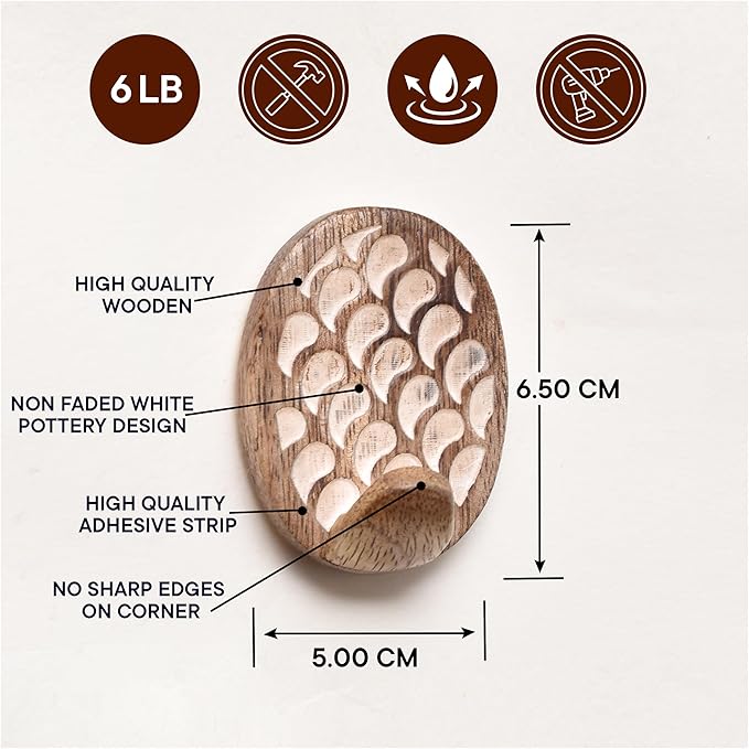Indian Shelf 6 Lb- 3 Pieces Decorative Wood Adhesive Wall Hooks–Boho Peel and