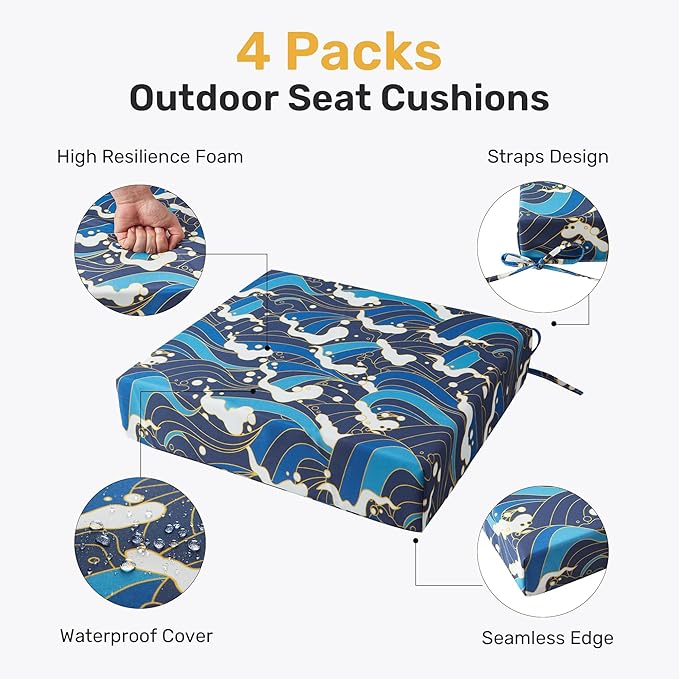 UNIKOME Outdoor Chair Cushions Pack of 4, Water Resistant Patio Cushions with Ties, High Density Sponge Filling Square Corner Seat Cushions for Outdoor Furniture, 24"*24"*4", Blue/Waves