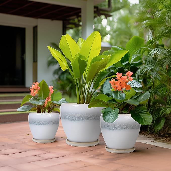 Ceramic Plant Pots - Modern Round 10 Inch 8 Inch 6 Inch Planters for Indoor Outdoor, Flower Pots with Drainage Holes and Plant Saucers, Home Decor, Plant Lover Gifts, Set of 3, White-Grey