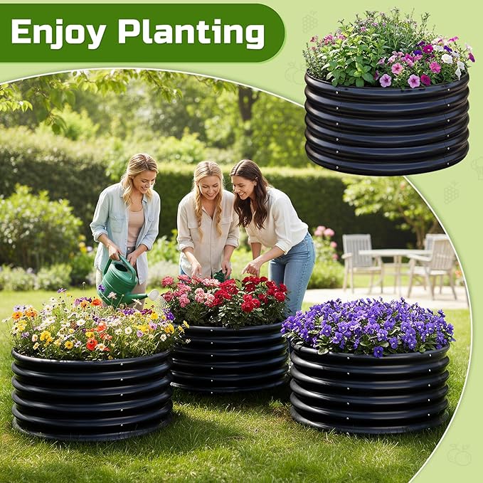 AHEONLAR 3PCS 2x2x2FT Galvanized Raised Garden Bed Kit Round Metal Flower Box Large Planter Raised Beds Outdoor Garden for Planting,Fruit,Herb Black