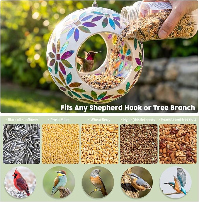 VCUTEKA Bird Feeder for Outside Hanging with Round Shape Glass Container to Attract More Wild Birds, Mosaic Fly Through for Garden, Yard, Backyard, Deck and Porch Decor, 7-Inch
