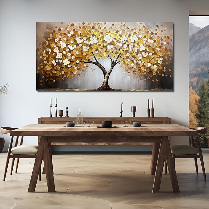 Tree of Life Canvas Wall Art for Living Room Gold and White Wall Decor for Office Extra Large Painting Canvas for Dining Room Size 40 x 80 Inch