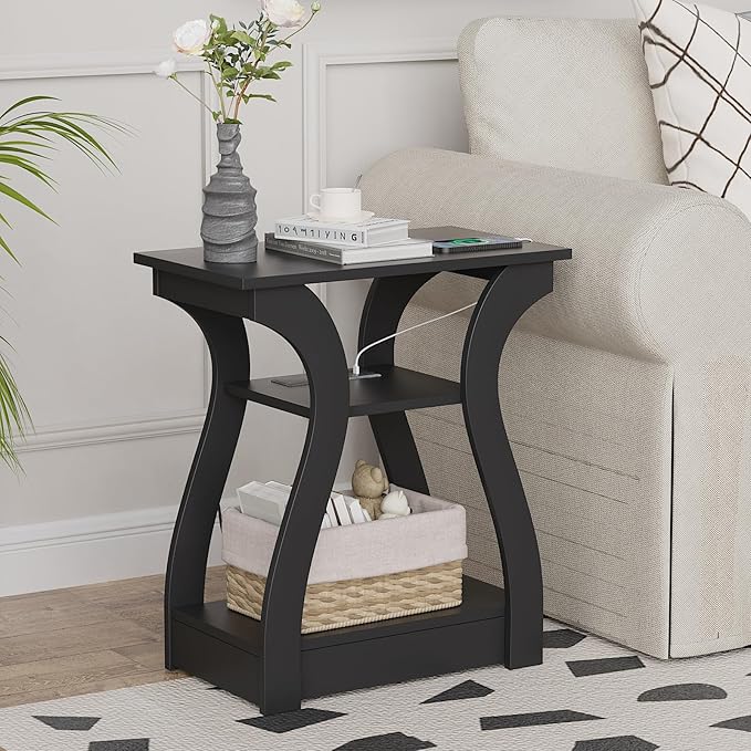 Black End Table Set of 2 with Charging Station, Side Table with USB Ports and Outlets, Black Nightstand, 3 Tier End Table with Storage Shelf for Living Room, Bedroom