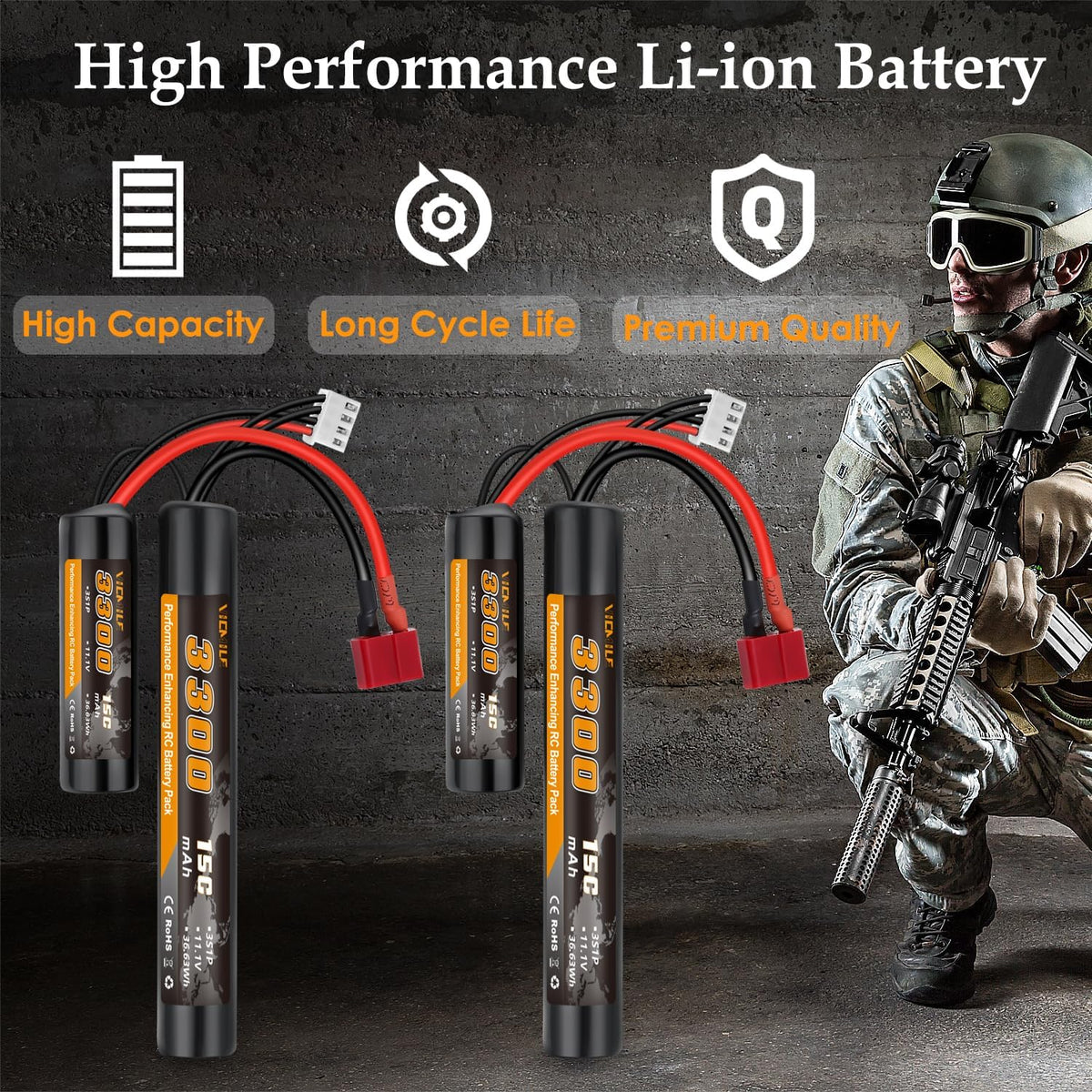 3300mAh Airsoft Battery by [Brand Name] - 11.1V Nunchuck Rechargeable Battery for AEG AK47, M4, MP5