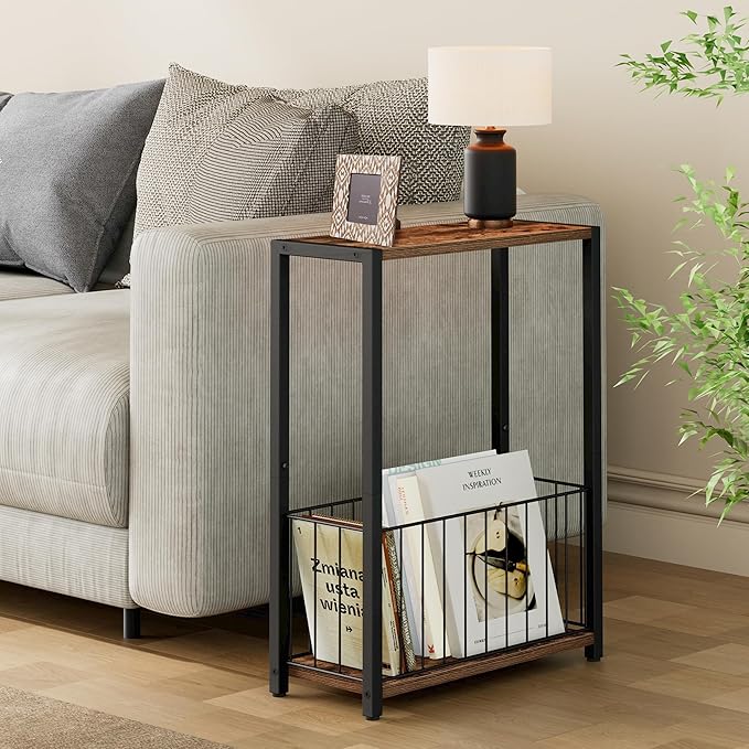 Narrow Side Table with Magazine Holder, Skinny End Table Perfect for Small Spaces, Space-Saving Design for Living Room, Bedroom, or Office, 7.1" D x 16.9" W x 23.6" H, Rustic Brown