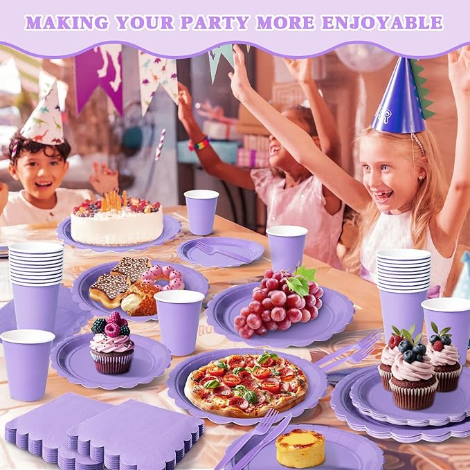 Vyntra 350 PCS Disposable Plates for Party, Paper Plates & Napkins Set with Cups, Knives, Forks, Spoons, 7'' Dessert and 9'' Dinner Plates for Birthday, Bridal & Baby Shower - Lavender/Light Purple