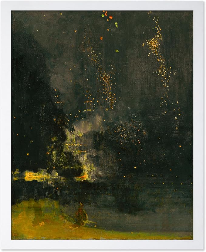 Poster Master Vintage Nocturne in Black and Gold Painting Poster - Retro The Falling Rocket Print - Abstract Art - Moody Art - Landscape Art - Office or Living Room Decor, 16x20 White Framed