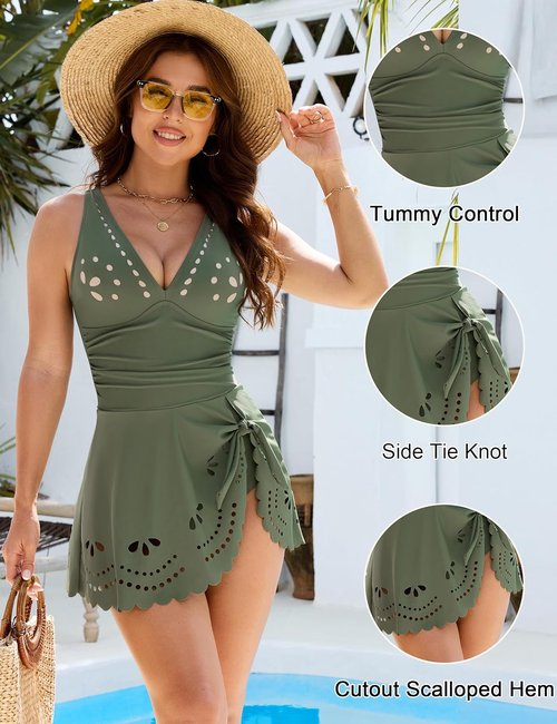 Blooming Jelly Women's Swim Dress - Tummy Control One-Piece Bathing Suit for Slimming Full Coverage