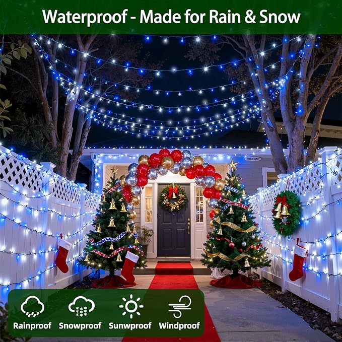 1500 LED Chrstmas Lights, 470ft Outdoor Christmas String Lights with 12 Modes, Blue Cool White LED String Lights with Timer Dimmable Waterproof for Tree Fence Xmas Wedding Party Decor Blue&Cool White