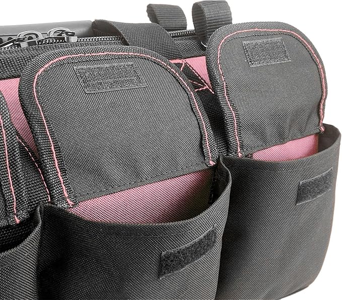 Garden Tools Bag 16inch Wide Mouth Women's Tool Bag with Molded Base and Plastic-Padded, Inside Pockets for Tool Storage,600D polyester fabric (Pink color)