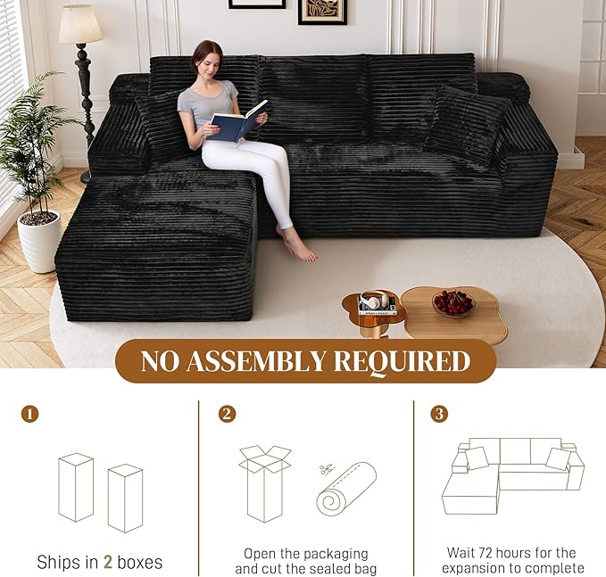 108" L Shaped Boneless Sectional Couches for Living Room, Wide Armrest, Deep Seat, Memory Foam, Assembly Free, Modern Comfy Corduroy Fluffy Cloud Sofa with Left Chaise, Black