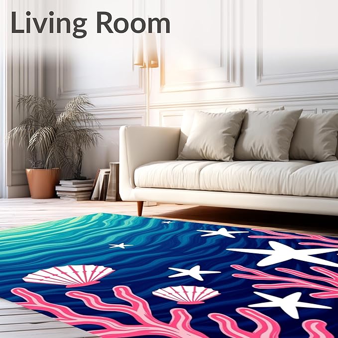 Flatwoven High Traffic Area Rug 3x5, Ocean Treasure Marine Life Bathroom Contour Ensemble, Non Slip, Stain Resistant, Washable Area Rugs for Living Room, Bedroom (Blue, 3x5)