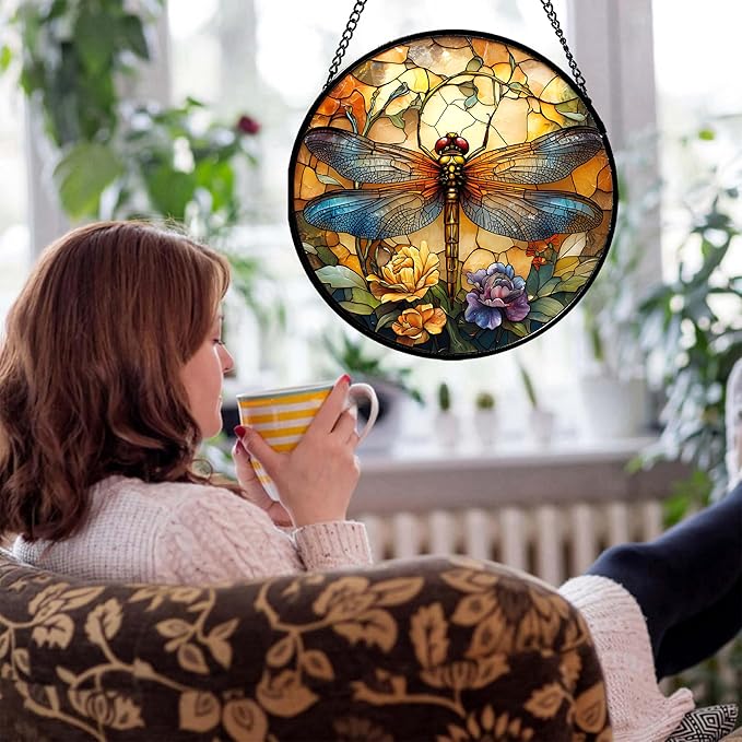 Stained Glass Window Hanging - Orange Blue Dragonfly Flower Suncatcher for Doors Window Home Sun Catchers Decor Christmas Mother's Day Birthday Outdoor Gifts for Women Men Mom Nana 9.8 in