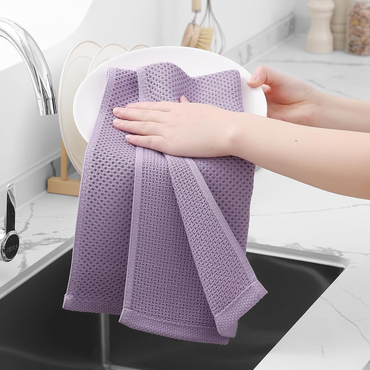 Homaxy 100% Cotton Waffle Weave Kitchen Dish Towels, Ultra Soft Absorbent Quick Drying Cleaning Towel, 13 x 28 Inches, 6-Pack, Lavender