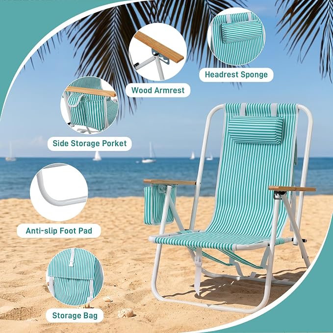 Outvita Folding Beach Chair, 4 Position Adjustable Reclining Lounge Chair with Padded Headrest, Large Rear & Side Storage Pockets, Lightweight Portable Outdoor Chair for Beach Pool Garden BBQ