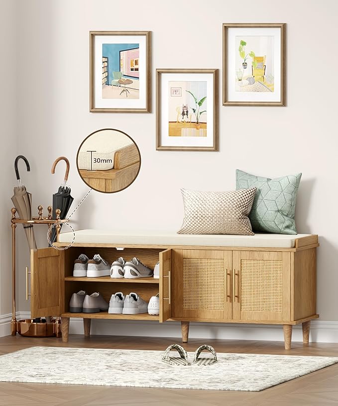 Rattan Shoe Storage Bench with Cushion, 2-Tier Entryway Bench with Adjustable Shelves and 4 Doors, 15" D x 47.2" W x 20" H, Solid Wood Legs, for Hallway, Living Room, Bedroom, Natural Oak