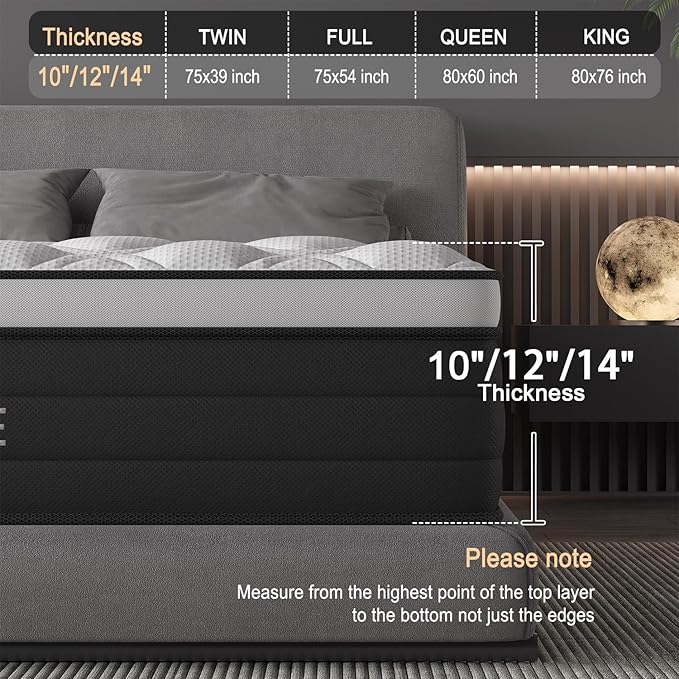 Twin Mattress, 14 Inch Hybrid Mattress in a Box with Individual Pocket Spring, Gel Memory Foam and Euro Top, Medium Firm Feel with Motion Isolation, Pressure Relief, Edge Support, Twin Size Black