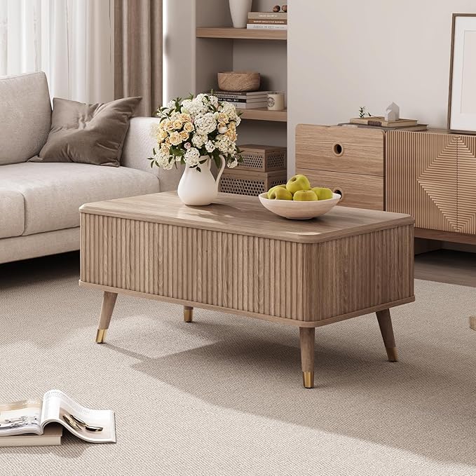 Lift Top Coffee Table with Storage,Natural Wood Center Table for Living Room, Modern Farmhouse Oak Fluted Design,Pop-Up Desk for Work & Dining