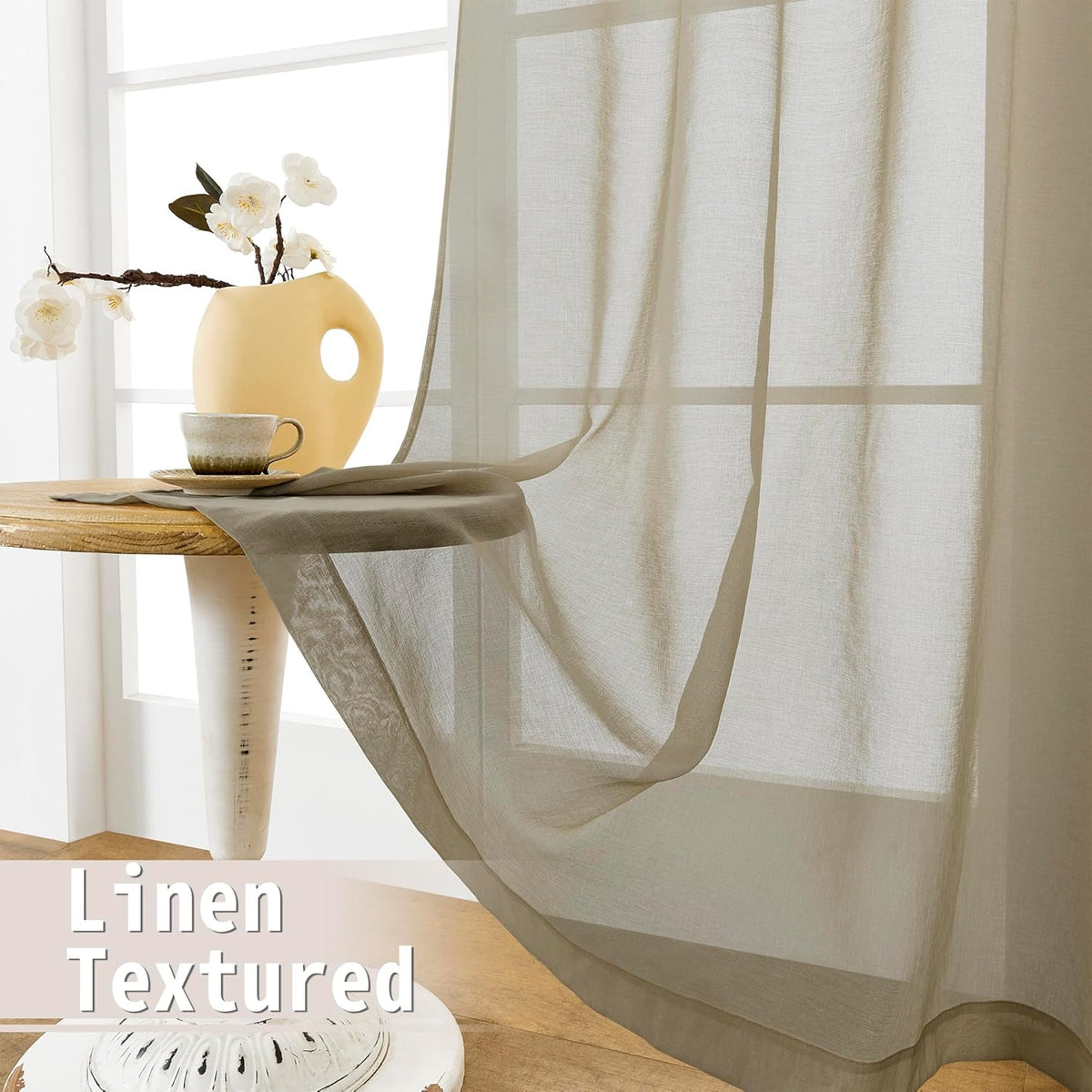 Tollpiz Sheer Door Curtains Closet Linen Textured Curtain Sheers Doorway Light Filtering Voile French Door Rod Pocket Curtains Patio Glass Door, 54 x 63 inches Long, Taos Taupe, Set of 1 Panel