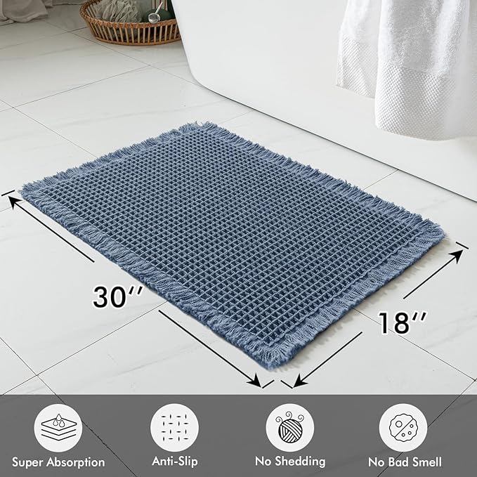 MIULEE Set of 2 Waffle Bathroom Rugs, Boho Bath Rugs Non Slip Washable, Super Absorbent Bath Mats, Ultra Soft Rubber Backed Shower Mats for Bathroom Floor, Tub and Shower, Blue, 18x30 Inch