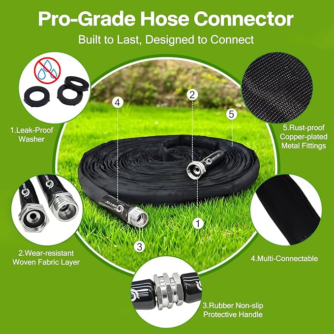Garden Hose 100 ft x 5/8 in, Ultra-Light, All-Weather Water Hose, Leak-Free Connections,High Pressure Abrasion-Resistant Eco-Friendly, Black