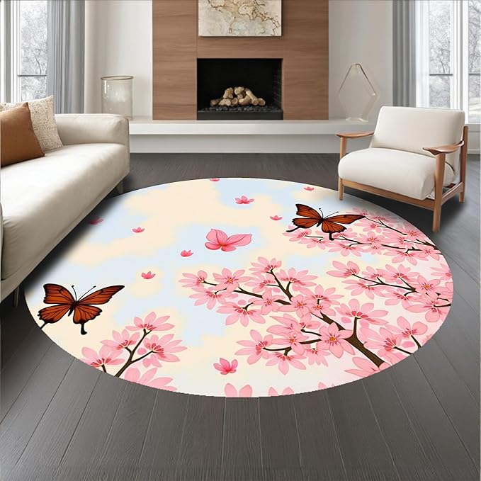 Flatwoven High Traffic Area Rug 6, Exquisite Springtime Blossom Shower Curtain Matching Suite, Non Slip, Stain Resistant, Washable Area Rugs for Living Room, Bedroom (Pink, 6)