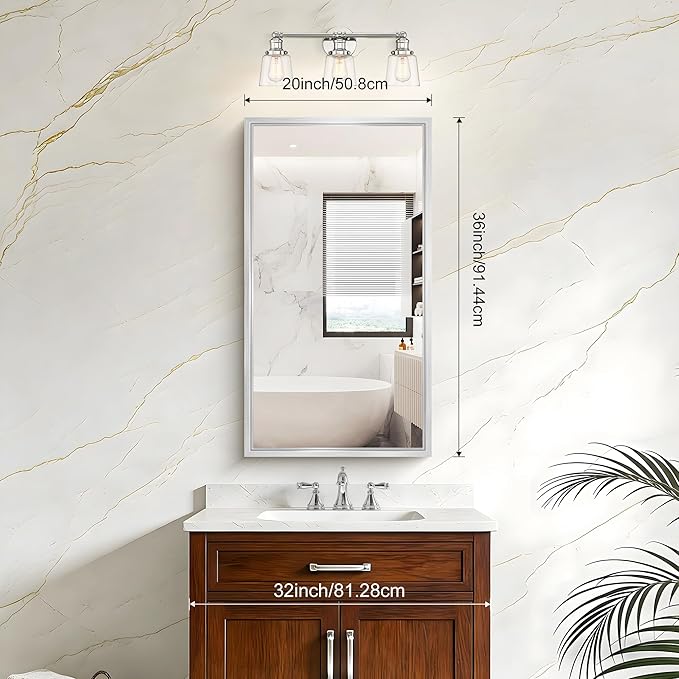 20x36 Silver Bathroom Mirror, Brushed Silver Rectangular Mirror