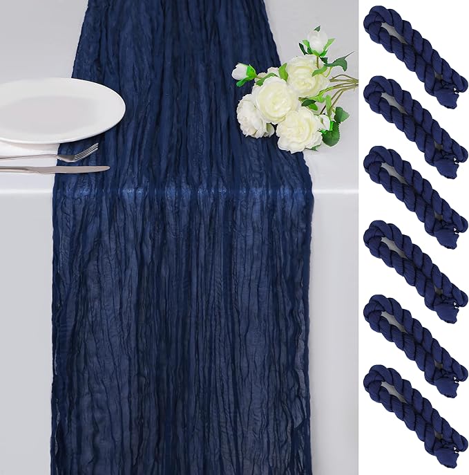 Snowkingdom 6PCS 10Ft Navy Blue Cheesecloth Table Runner, 120inch Long Cheese Cloth Boho Gauze Runner for Wedding Bridal Baby Shower Birthday Holiday Party Sheer Table Decorations