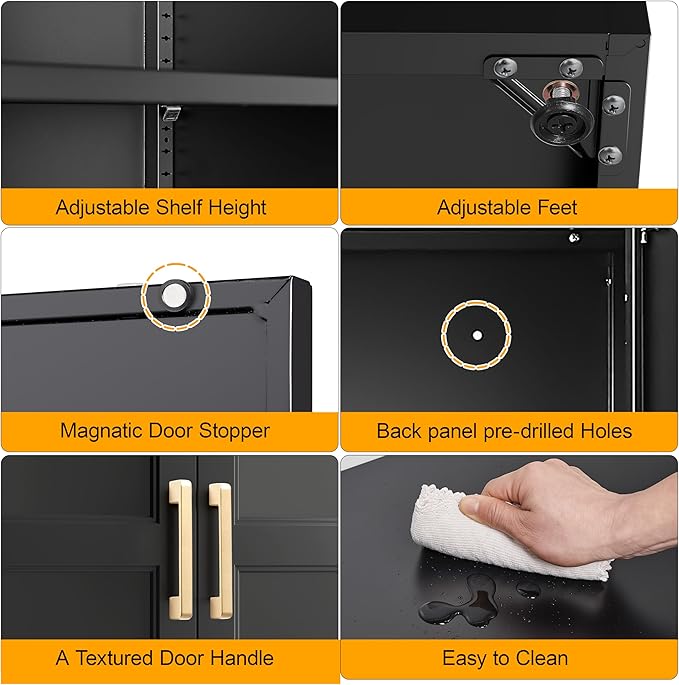 71" Tall Kitchen Storage Cabinet with Gold Handles, Metal Pantry Cabinets with 2 Doors, Food Pantry, Adjustable Shelves, Black Freestanding Pantry Cupboard for Dining, Kitchen, Living Room
