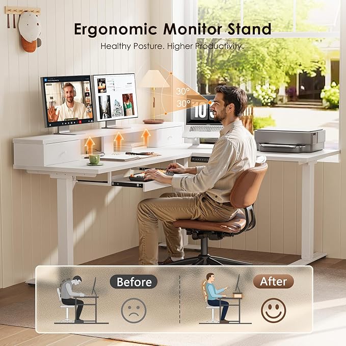 OffiGo 59 Inch L Shaped Electric Standing Desk with Drawers, Height Adjustable Corner Computer Desk with Keyboard Tray & Monitor Stand, Stand Up Table for Home Office Workstation, White