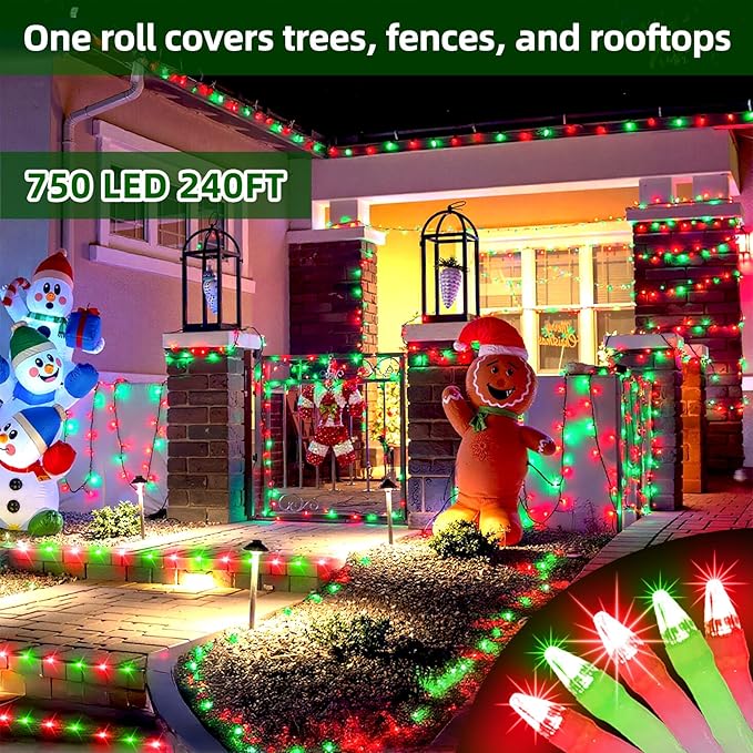 750 LED Chrstmas Lights, 240ft Outdoor Christmas String Lights with 12 Modes, Red & Green LED String Lights with Timer Dimmable Waterproof for Tree Fence Garden Xmas Wedding Party Decor Red & Green