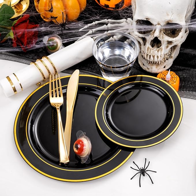 GATHER 350PCS Black Plastic Plates - Disposable Dinnerware Set Include 100PCS Black and Gold Plastic Plates, 150 Silverware, 50 Napkins, 50 Cups for Party & Wedding & New Year