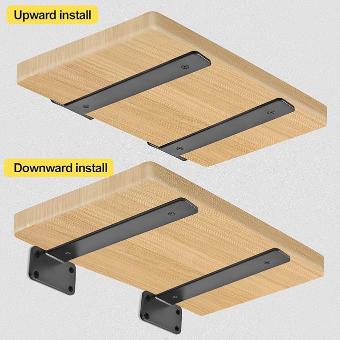 4 Pack - 12 inch Black Hidden L Shelf Bracket Iron Floating Shelf Brackets