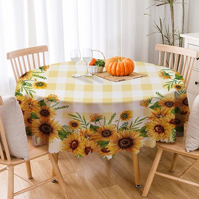 Eikione Sunflower Round Tablecloth 70inch, Fall Gingham Tablecloth Waterproof and Wrinkle-Free, Wild Flower Rustic Table Covers, Fall Decorations for Home