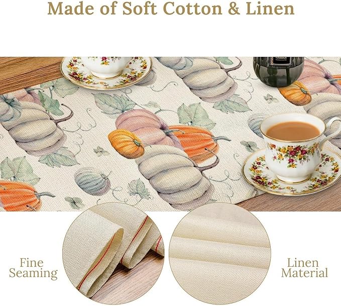 Fall Pumpkin Table Runner Vintage Leaves Plant Motifs Thanksgiving Theme Watercolor Illustration Home Decor for Farmhouse Indoor Outdoor Party Holiday Dining Kitchen Restaurant Cafe W13xL72in