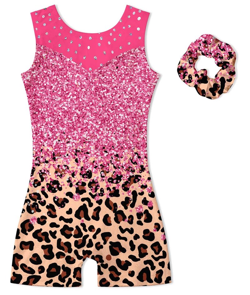 Belovecol Girls Gymnastics Leotards, Pink Sequin Leopard, 7-8t