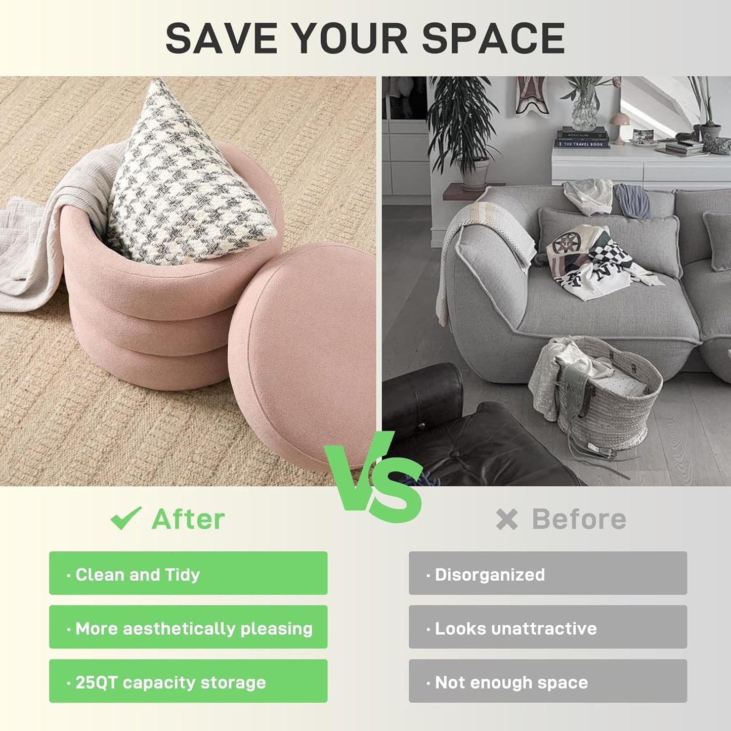 Round Ottoman with Storage Boucle Ottoman Stool Removable Lid for Living Room Modern Upholstered Vanity Storage Stool Foot Rest Bedroom Dorm Gifts Set of 2 (Pink)