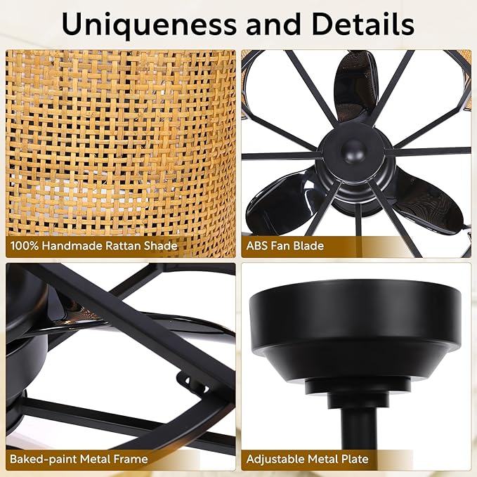 Ceiling Fans with 6-Bulb Lights and Remote, Flower Shaped Ceiling Light with 6 Adjustable Speed and for Bedroom, Kitchen and Living Room, Rattan Shade