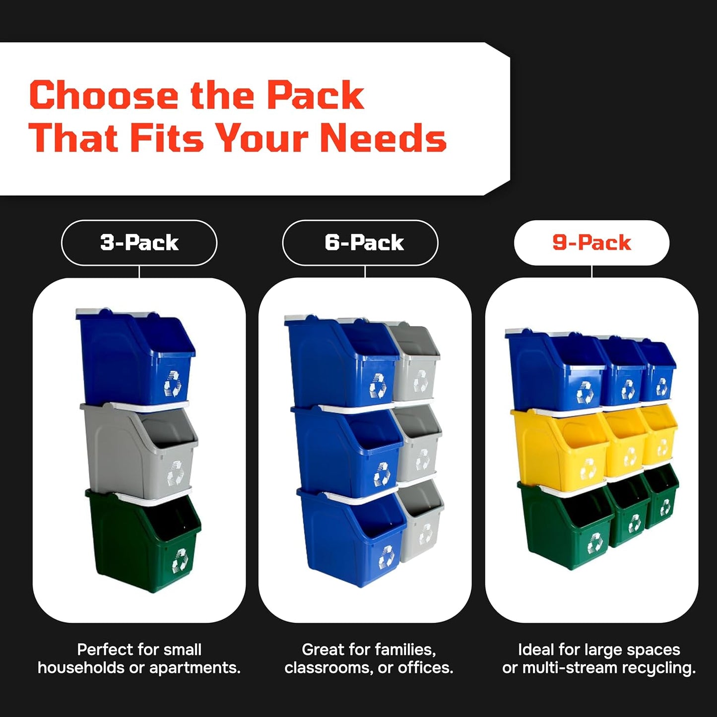 Multi Bin Recycling System with Nine Stackable 6 Gallon Recycle Bins to Build Your Recycling Center for Offices, Kitchen, Garages, Businesses - (9 Pack, Blue/Grey/Green)