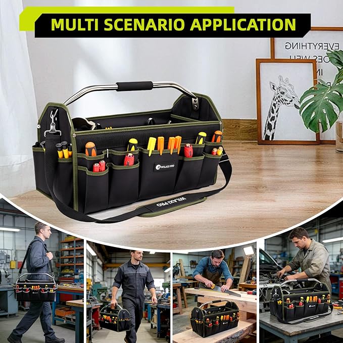20in Foldable Open Top Tool Bags For Men Heavy Duty, Tool Carrier hard With Handle, Wide Mouth Electrician Tool Tote, Many Pockets Can Hold Many Tool, Green