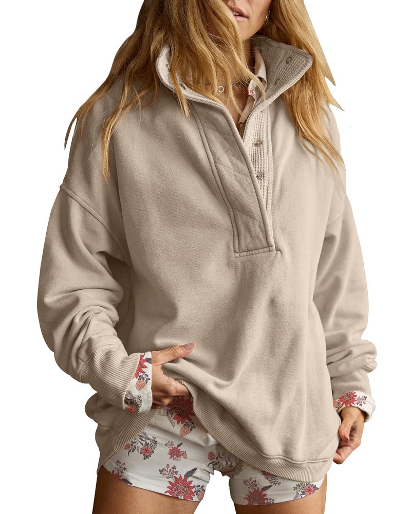 Gacaky Sweatshirt for Women Oversized Casual Long Sleeve Button Henley Neck Pullover Tops Fashion Outfits Clothes Khakigray XXL