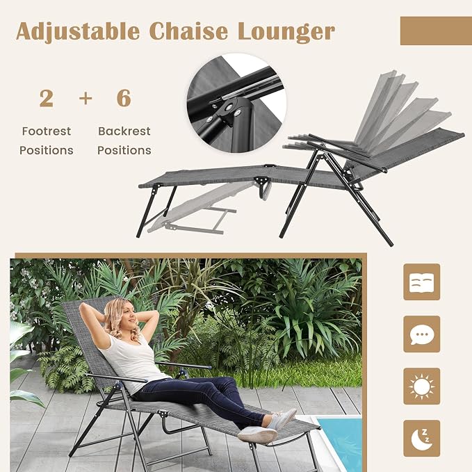 Giantex Lounge Chair Outdoor Set of 2 - Tanning Chair with 6 Adjustable Backrest, 2-Level Footrest, Folding Sunbathing Lounger for Patio, Poolside, Yard, Chaise Lounge Chair, Beach Chair (Grey)