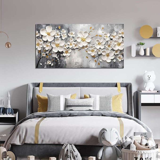 White Flower Pictures Wall Art for Bedroom - Floral Wall Decor for Office Women - Girls Wall Decor for Bedroom Size 24" x 48"