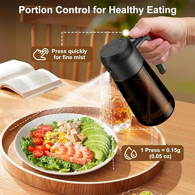 Oil Sprayer for Cooking, 16oz Olive Oil Dispenser Bottle for Kitchen Gadgets, 2 in 1 Adjustable Mist Spray and Precision Pour Spout Dark Brown Bottle with Stickers for Air Fryer, Salad