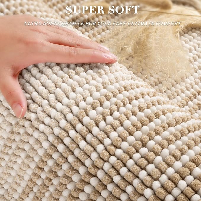 BSICPRO Bathroom Rugs and Mats Sets, 2 Piece Thick Absorbent Chenille Bath Mat Rug Set Non Slip, Soft Shaggy Bath Room Floor Mats for Bathroom, Machine Washable (Beige, 24" x 70" Plus 20" x 32")