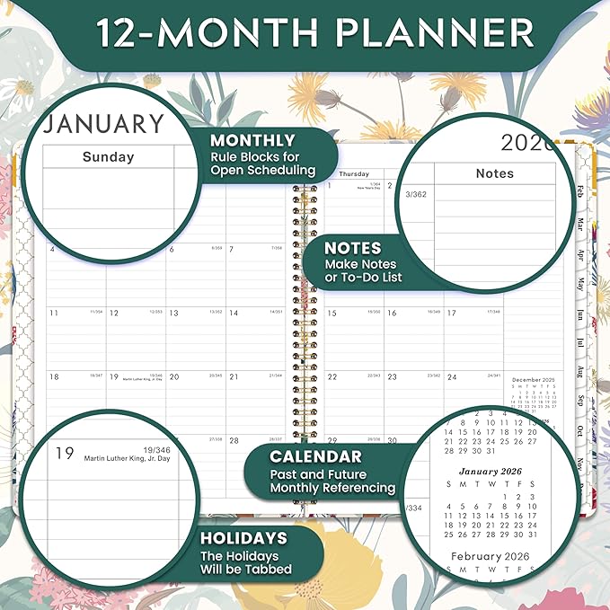 2026 Planner - Planner 2026 Weekly and Monthly, 9" x 11", Jan. 2026 - Dec. 2026, 2026 Hardcover Planner Spiral Bound, 12 Monthly Tabs, Elastic Closure